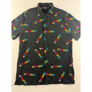 Polaroid Mens Small Black Rainbow Logo All Over Print Rayon Button Down Shirt